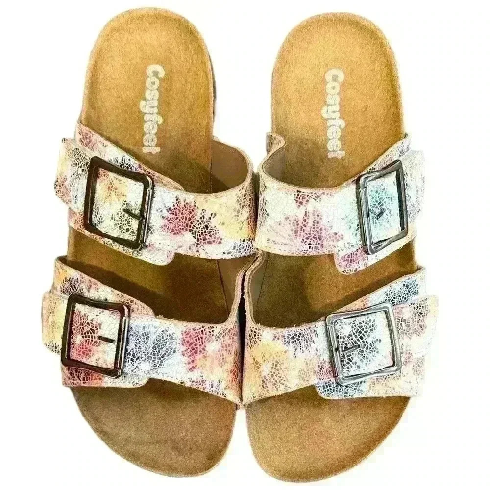 NEW, Cosyfeet, Orthopedic, Velcro, Adjustable Straps, White, Floral, Leather, 7